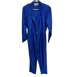 Joan Walters Petites Vintage Blue Zip Up Jumpsuit 3/4 Sleeve Shoulder Pads Sz 10